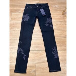 Fidelity Scoop Low Rise Skinny Jeans Embroidered Floral Dark Wash Size 27 NEW